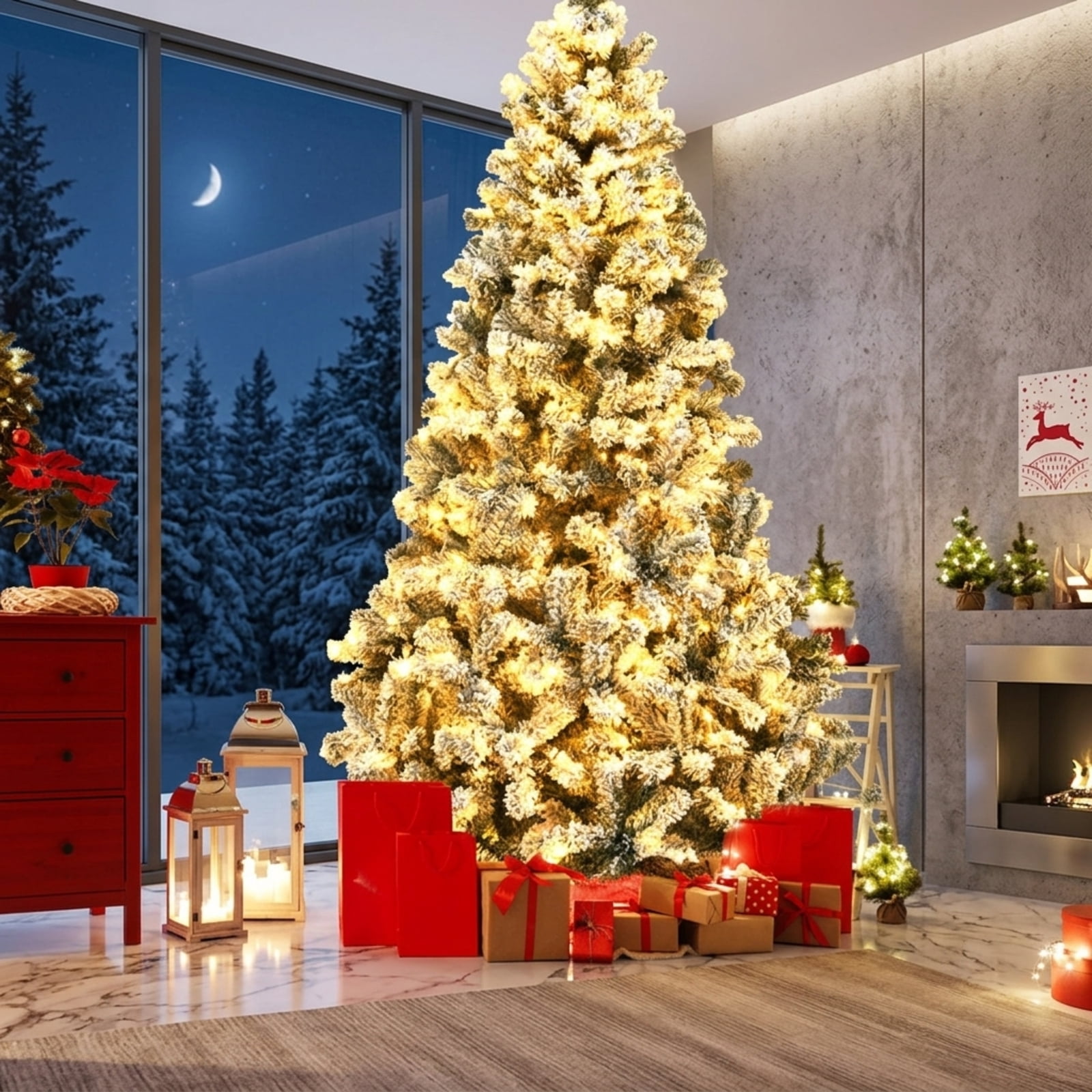 RUIE, 9 Ft Flocked Tree, 9 ft Artificial Christmas Tree, 550 LED Lights, Snow Flocked, 1498 Full Tips, for Home Holiday Xmas Decoration