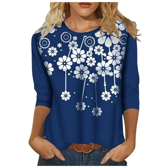 DOPI Women's Fashion Casual Print Round Neck Long Sleeve Loose Sweater Top