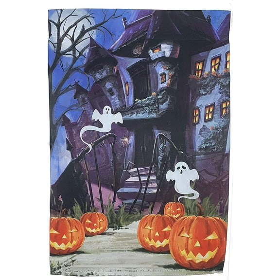 Haunted House Halloween Garden Flag - 12" x 18", Double Sided, Ghosts, Pumpkins