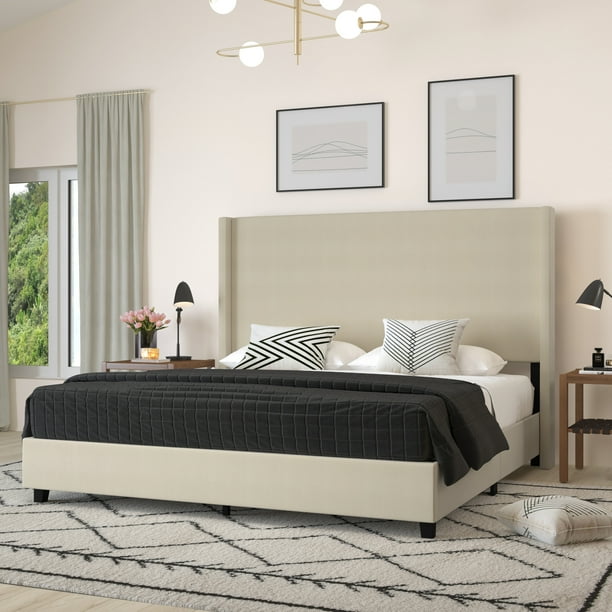 Merrick Lane Modern King Size Platform Bed Frame with Padded Faux Linen