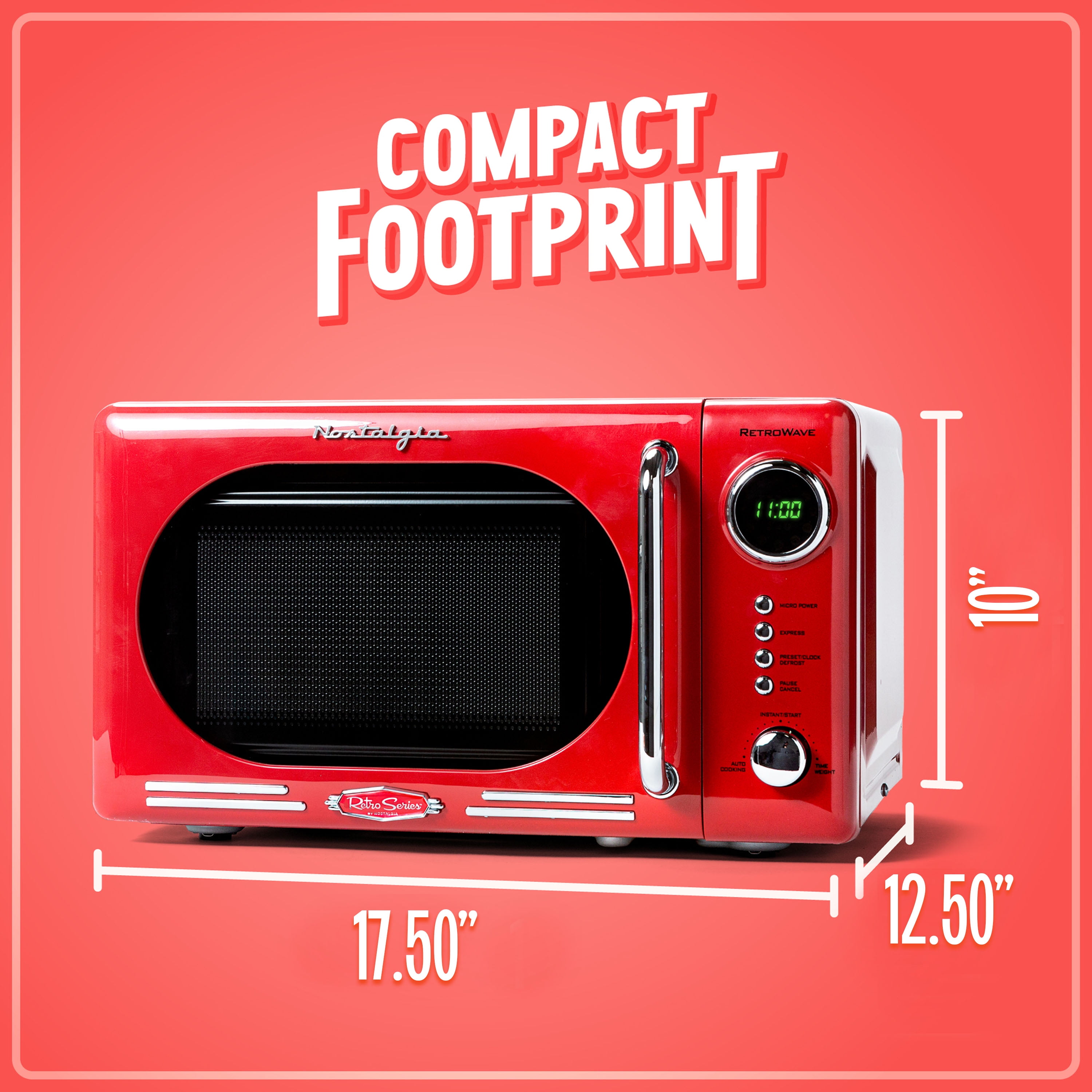 Nostalgia 0.7 cu ft Retro Microwave Oven, 700W Countertop Microwave Oven with Digital Clock, Red