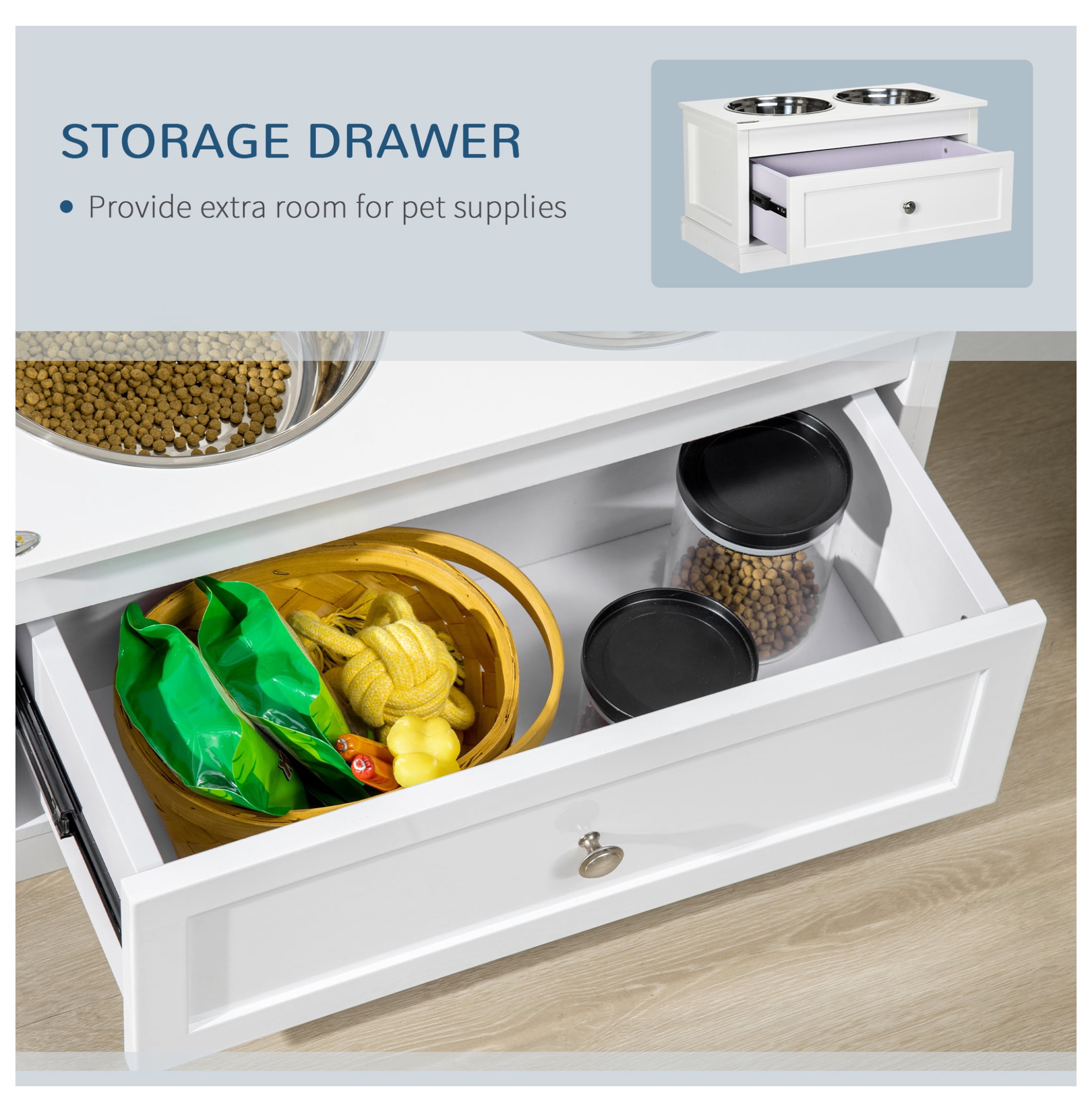 Raised Dog Bowls with Storage, Large Elevated Dog Feeder Stand, 11L Capacity, Stainless Steel Bowls, White Pet Feeding Station