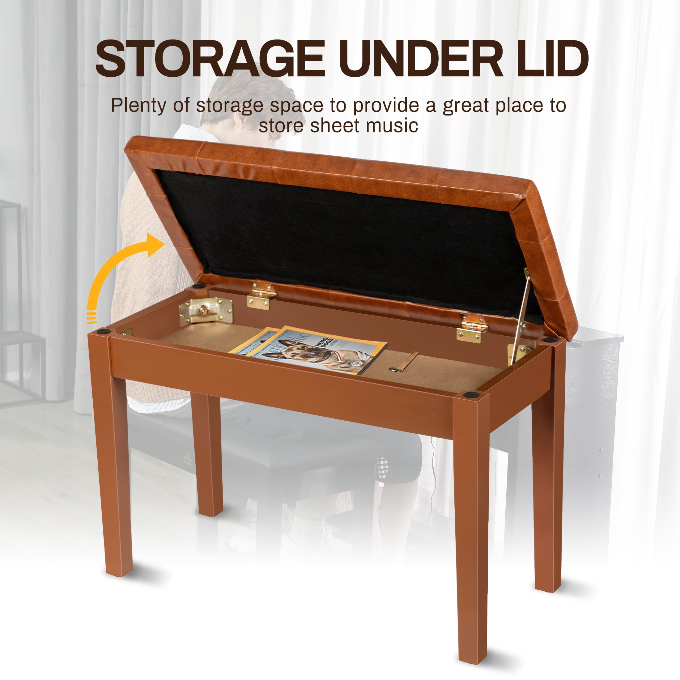 AODSK Duet Piano Bench with Storage, Padded Cushion, Soild Wood Leg Bench Stool Chair for Piano Keyboard Seater -Brown
