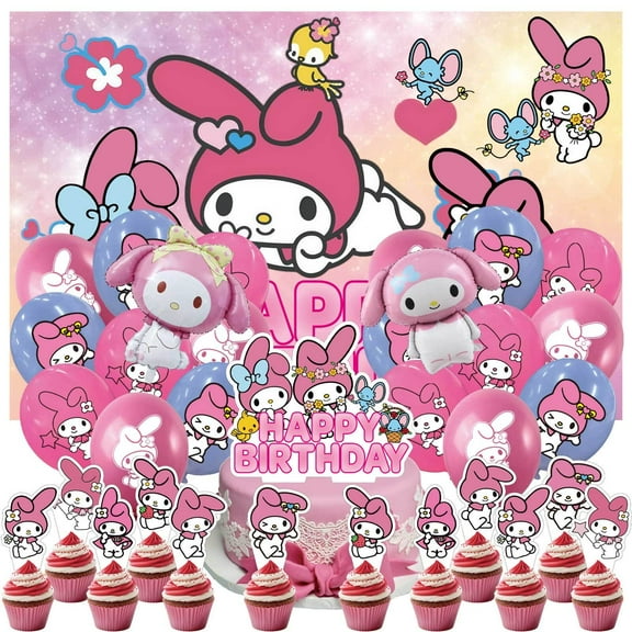 34 Pcs For My Melody Theme Birthday Party Supplies Party Favor Set,With 13 Cupcake Toppers,5*3ft Birthday Backdrop Decorations,18 Balloons,2 Foil Balloons,All-in-One Party Supply Set