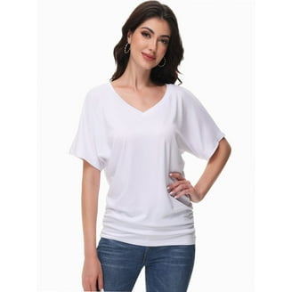 Womens Solid Short Sleeve V-Neck Boat Neck Dolman Top With Side Shirring Drape Tunic