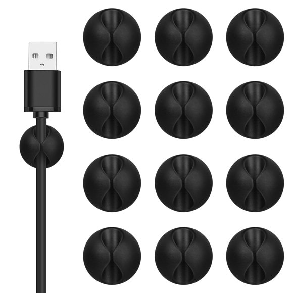 Sujetacables con clips Flezoo negros, 12 piezas para mesita de noche