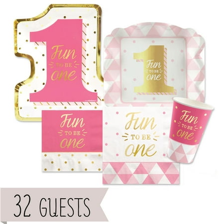- Fun to be One - 1st Birthday Girl with Gold Foil - Party Tableware Plates, Cups, Napkins - Bundle for 32