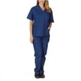 thumbnail image 1 of Uniforme de trabajo de enfermería con cuello en V y bolsillos de color sólido europeo y americano para mujer, 1 of 4