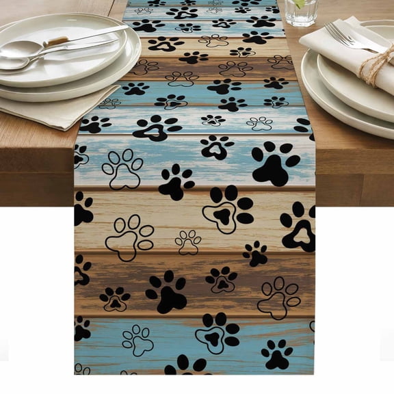 Cute Dog Claws Table Runner - 36 Inch Long, Kitchen Dining Table Runner Dresser Scarves, Farmhouse Blue Wooden Puppy Pawprints Farmhouse Decor for Coffee Tables Wedding Party Banquet