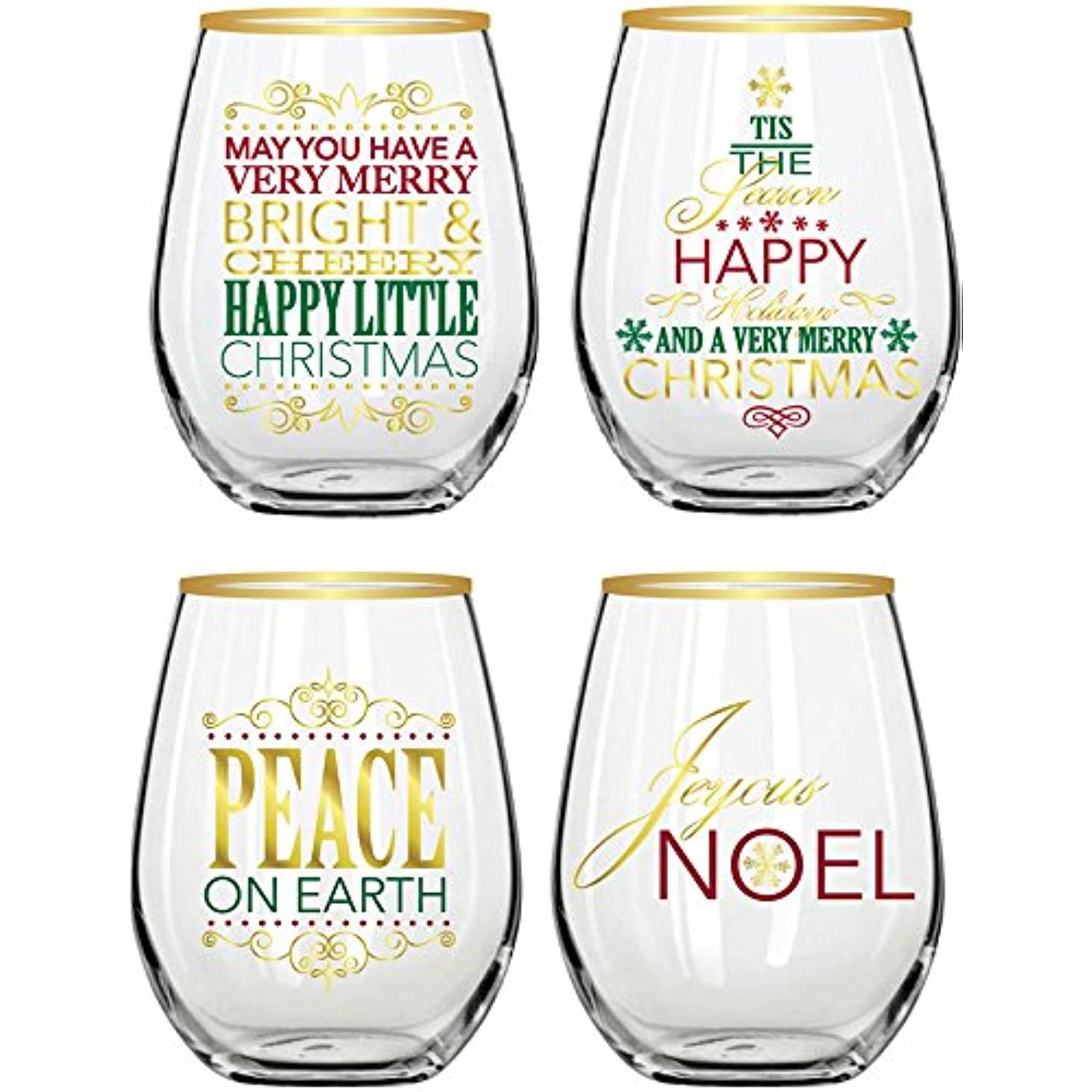 Stemless Wine Glasses Spode Christmas Tree - Set Of 4, 19 Oz, Gold Rim, Holiday  Glassware Gift Set Holiday Glassware With Gold Rim 19 Oz