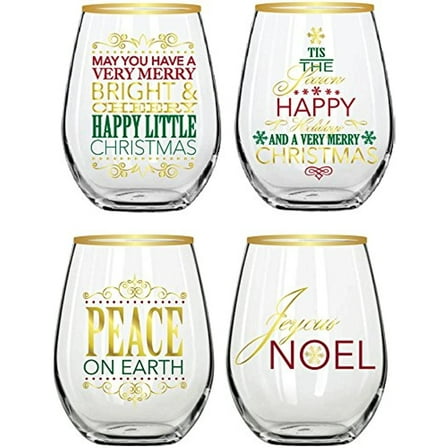 Tableware basics Christmas Stemless Wine Glasses, Set of 4, Festive Holiday Drinkware with Gold Rim, "Peace on Earth" & "Noel" Sayings, 15 oz, Ideal for Holiday Parties & Hostess Gifts