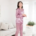 thumbnail image 3 of Women Silk Satin Pajamas Set Couples Solid Color Long Sleeve Sleepwear Suit, 3 of 7