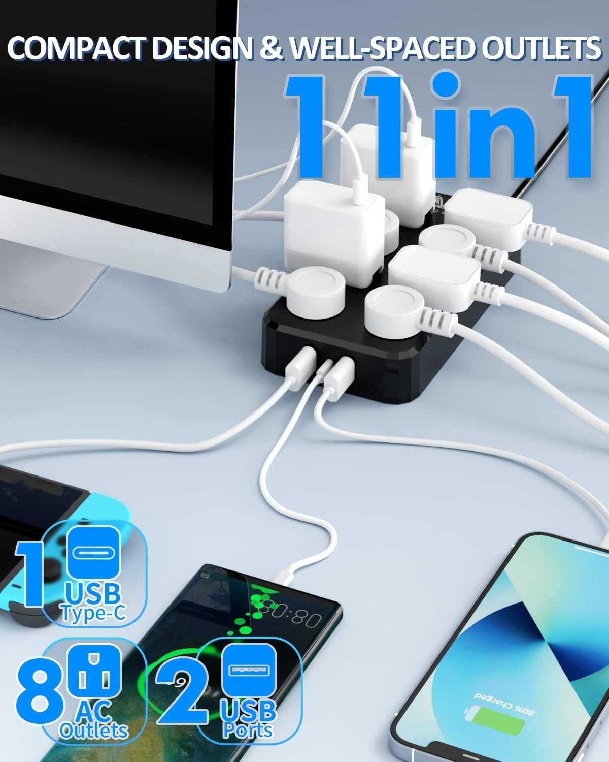 IPX6 Outdoor Power Strip Weatherproof, Waterproof Surge Protector with 6 Wide Outlet(10FT)+3 USB(1 USB C) Ports,Wall Mountable for Outside Decorations (Black)