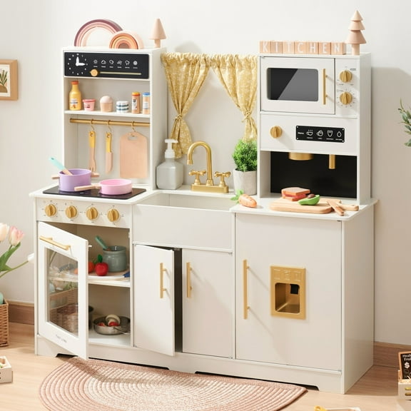 Tiny Land Wooden Play Kitchen Set for Kids, Home Style Design with Curtains, Ideal for Ages 3  (White)