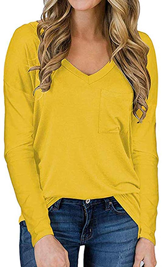 WELINCO Women Long Sleeve V Neck T Shirts for Women Casual Loose Fit T Shirts with Pocket 
