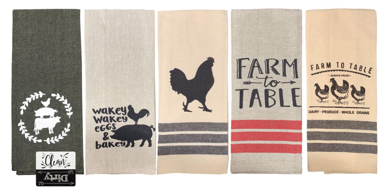 Farmhouse Kitchen Towels Farm Towels Pig Rooster Chicken Cow Towels Black Tan To