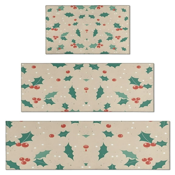 Beige Christmas Holly Pattern Kitchen Rugs Sets Of 3,Kitchen Runner Rugs Non Skid Washable,Decorative Kitchen Floor Mats for Kitchen,Sink,Laundry,17"x30" 17"x47" 17"x59"