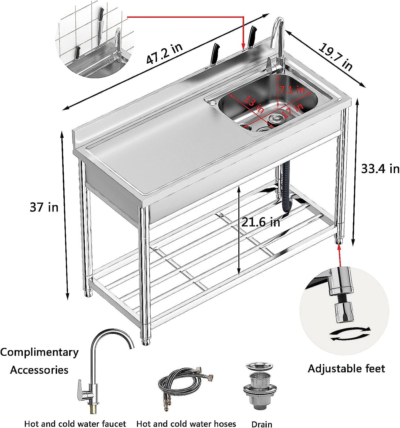 47*20*37 inch Free Standing Stainless-Steel Single Bowl Commercial Restaurant Kitchen Sink Set w/Faucet & Drainboard, Prep & Utility Washing Hand Basin w/Workbench & Storage Shelves