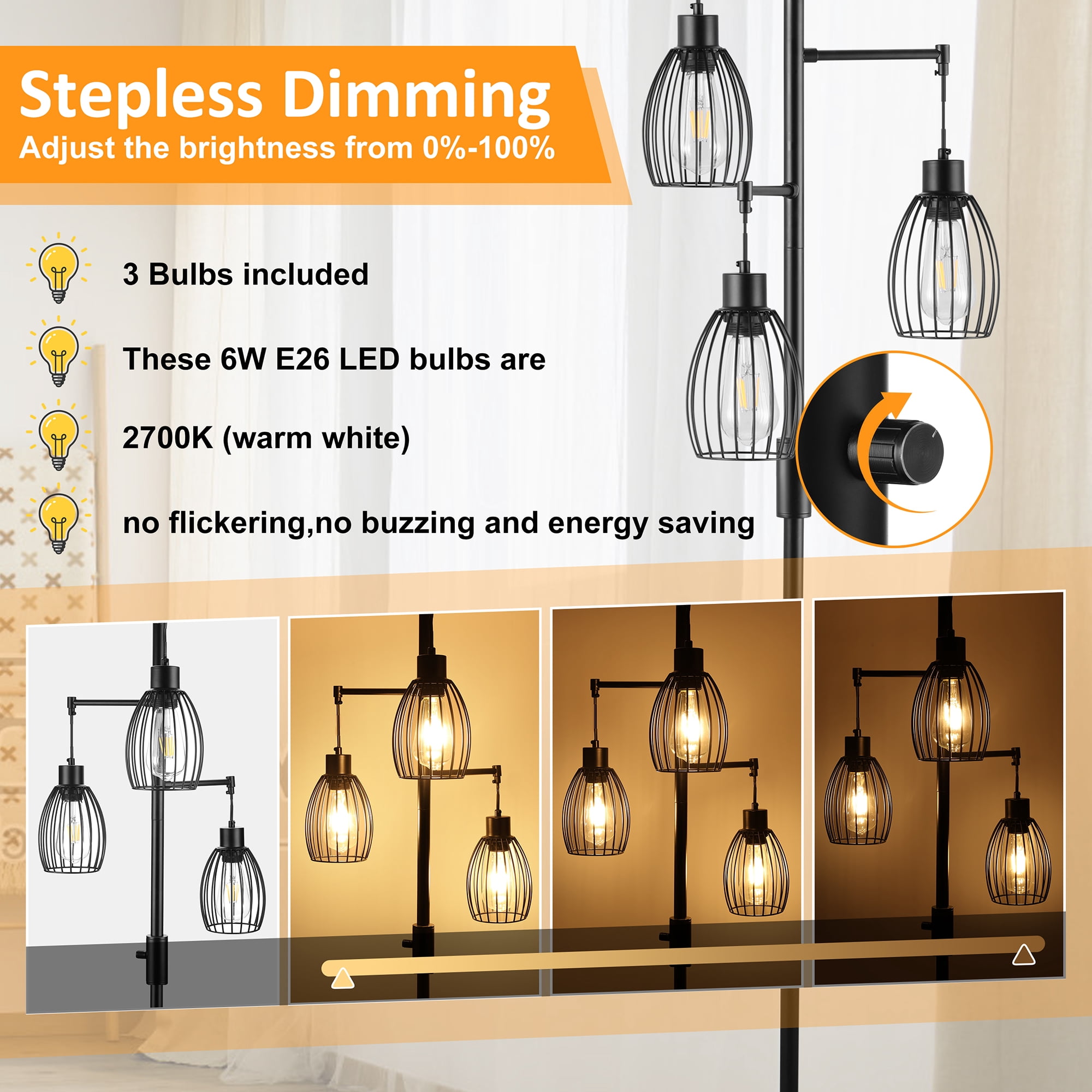 Vesteel Standing Lamp, Farmhouse Lamp with 3 Teardrop Cage and Bulbs, Industrial Dimmable Floor Lamp for Living Room Bedroom Office Dining Room
