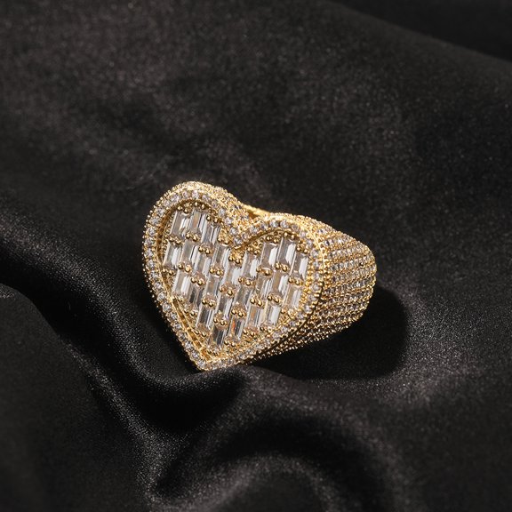 New Full Iced Out Bling Hollow Heart 14K Yellow Gold Ring Golden Silver Color 5A CZ Micro Pave Cubic Zircon Rings Hip Hop Punk Men Women Jewelry