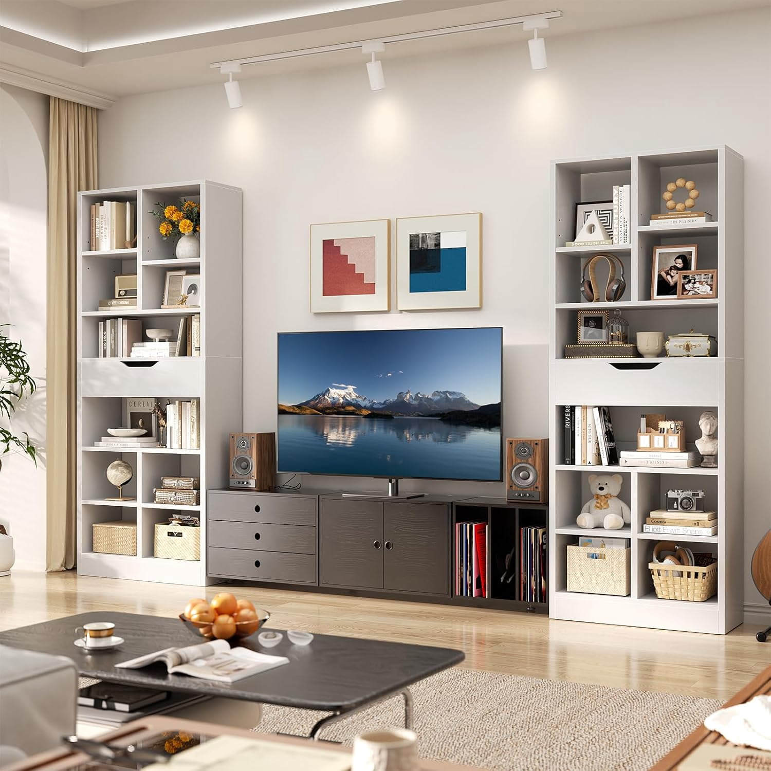 Homieasy 73.6''Tall 10-Cube Bookcase with Drawer and Adjustable Shelves, Wooden Bookshelf for Living Room, White