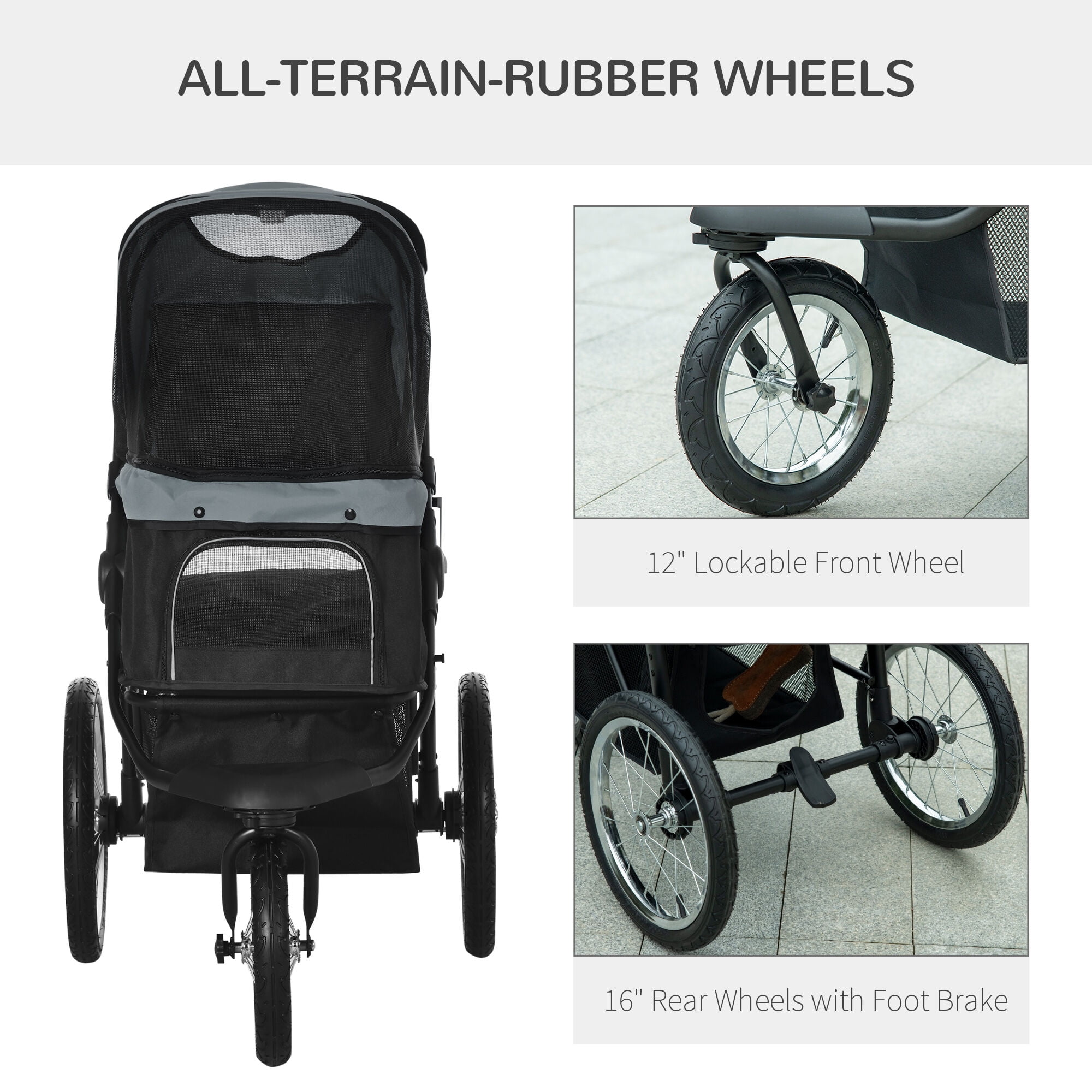 Dog Bed PawHut Pet Stroller for Small and Medium Dogs, 3 Big Wheels Foldable Cat Stroller with Adjustable Canopy, Safety Tether, Storage Basket, Gray,Large Dog Bed