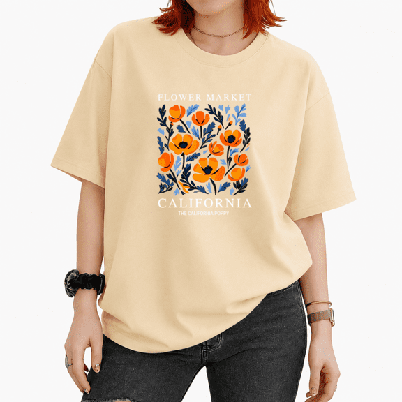UNISHE Women's Flower Market California Poppy Floral Art Graphic Short Sleeve T-shirt Loose Fit Casual Everyday Tee