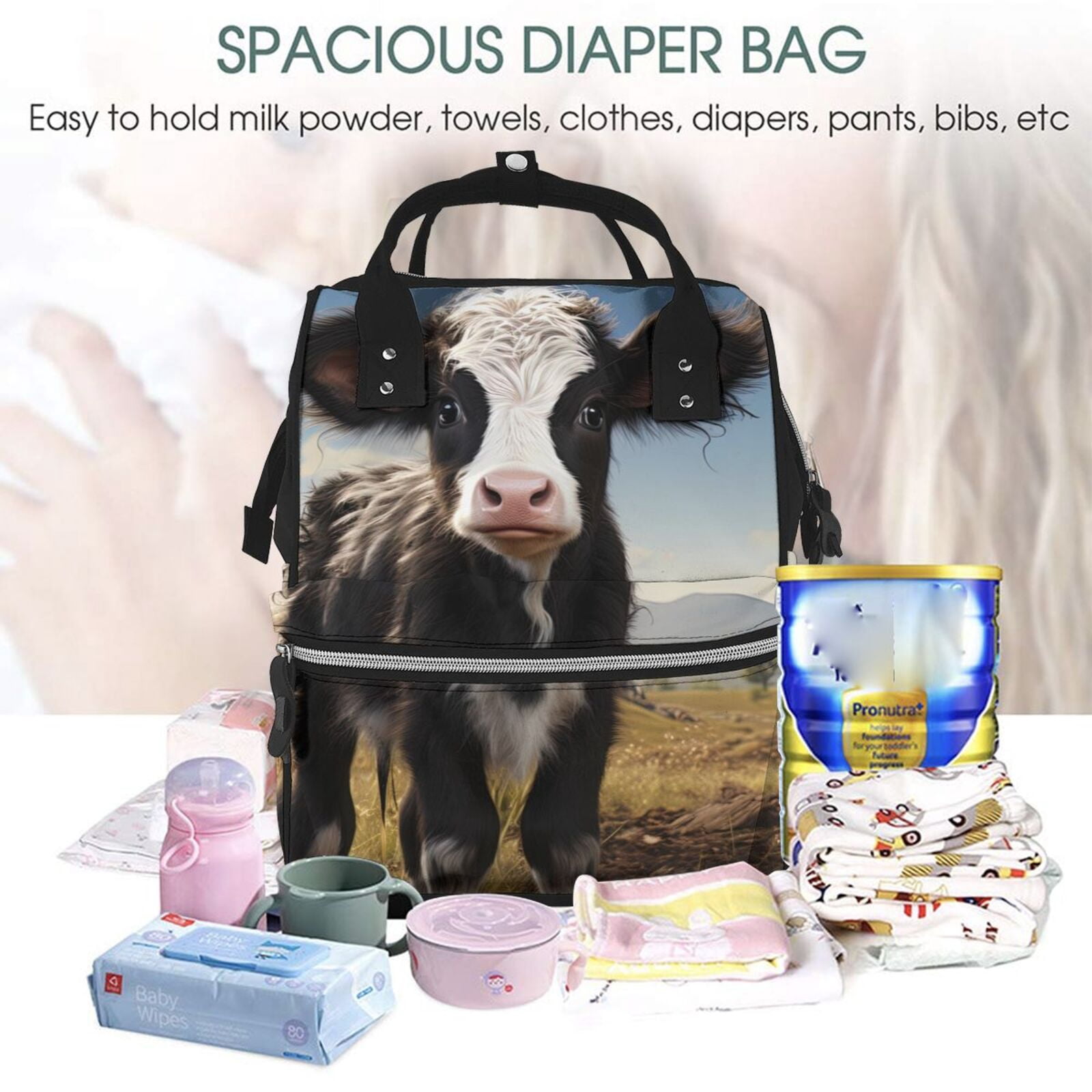 Ratiio Cute Prairie Cow Mummy Backpack - Waterproof Twill Canvas, Large Capacity Diaper Bag with Multiple Pockets and Adjustable Straps