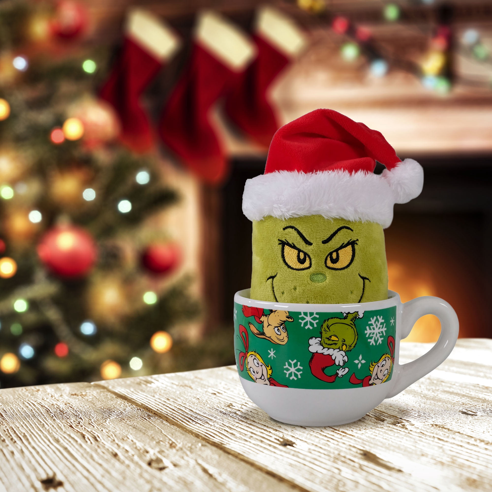 Dr. Seuss The Grinch Marshmallow Plush in Holiday Cappuccino Mug – Festive Green Mug with Character Artwork