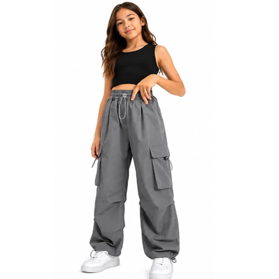 BFHHYA Girls Wide Leg Cargo Pants, Tween Baggy Lightweight Drawstring Pants with Pockets, Casual Streetwear for Kids 5-16 Years