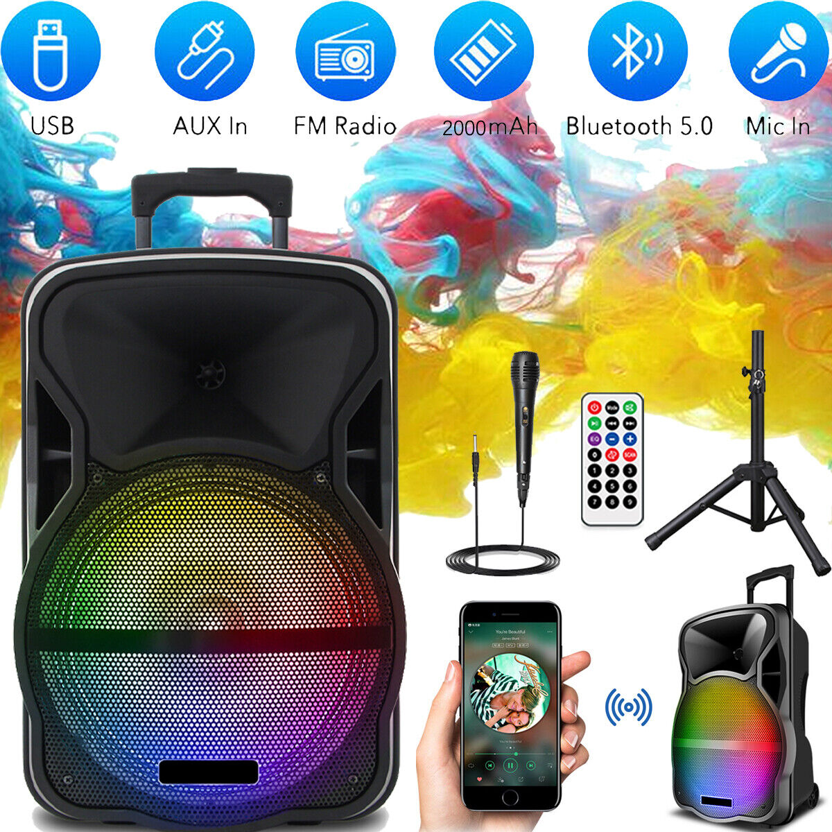 Lohoms 3000W Portable Bluetooth Speaker with Stand 12" Subwoofer Sound Party PA System Mic LED 16LBS