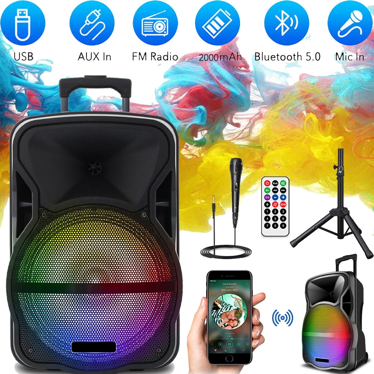 Lohoms 3000W Portable Bluetooth Speaker with Stand 12" Subwoofer Sound Party PA System Mic LED 16LBS
