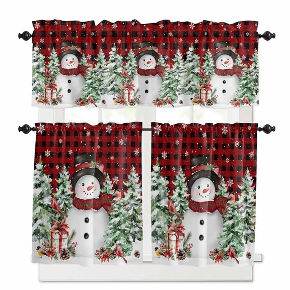 Christmas Snowman Kitchen Curtains and Valances Set, Winter Christmas Tree Cardinals Red plaid Rod Pocket Window Valance Window Curtain Panels for Living Room Bedroom Laundry, 27.5x24in, 3 Pieces
