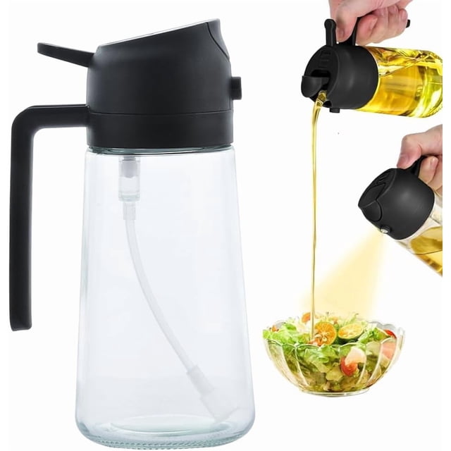 Botella de Aceite con Pulverizador Dispensador de 2 en 1 Antiderrames - Botella de Vidrio Recargable, Doble Función para Rociar o Verter, Ideal para Cocina y Parrillas (Negro)