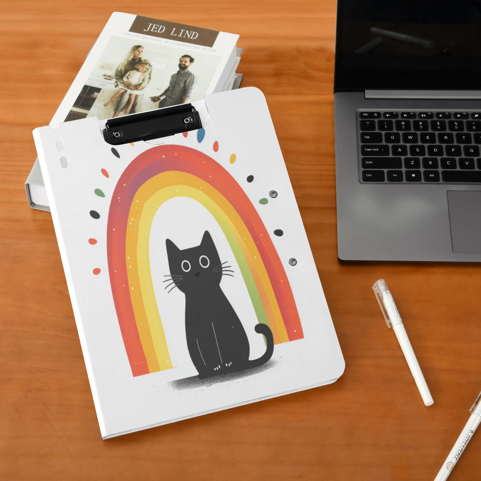 FORMRS A4 Clipboard Folder with Pen Holder Horizontal Foldable School Office Binder, Black Cat Rainbow