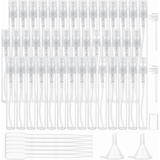 80 botellas de spray de plástico transparente de 5 ml/0,17 oz, portátiles, esmeriladas, con 6 pipetas de 2 ml, 2 embudos y 2 bombas de plástico.
