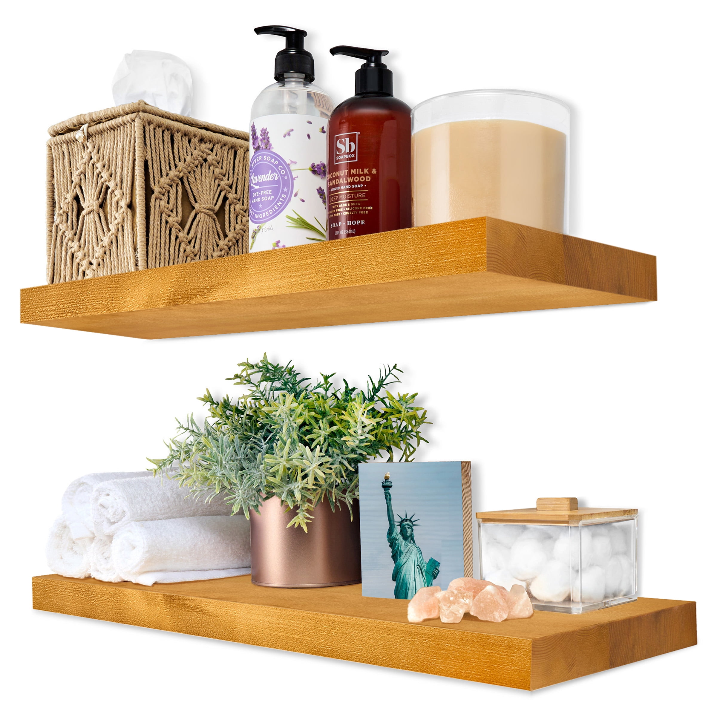 Sorbus 16" Maple Wood Floating Shelves, Set of 2 Solid Pine Wood Wall Shelves for Bathroom, Kitchen, Bedroom & Living Room Décor