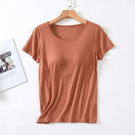 

Women s Clothing One-Piece Bra Cup Slim T-shirt Solid Color Bottoming Top with Chest Pad