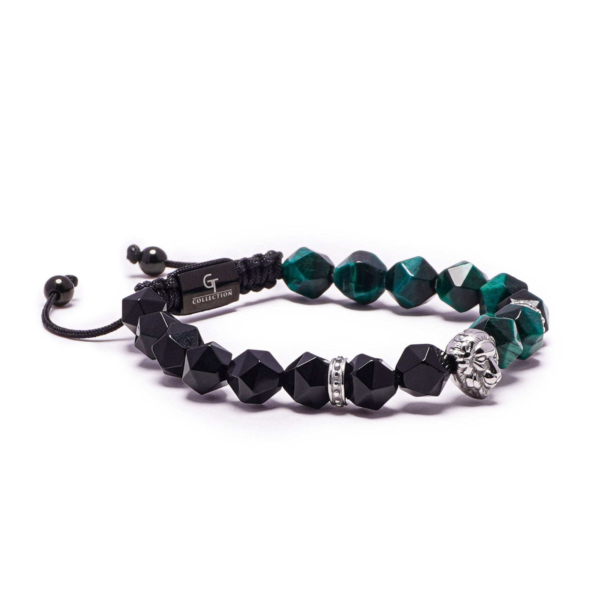 Men's GREEN TIGER EYE, ONYX Bracelet with Silver LION Head | Gift for Men | One Size Fits All | 100% Natural | Gemstone Adjustable Bracelet