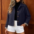 thumbnail image 5 of Women's Cropped Trench Jacket with Plaid Cuffs Button Front Lapel Collar Windbreaker, 5 of 8