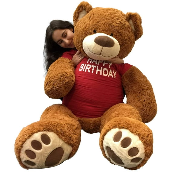 5 Foot Giant Teddy Bear 60 Inches Soft Cookie Dough Brown Color Wears HAPPY BIRTHDAY T-shirt