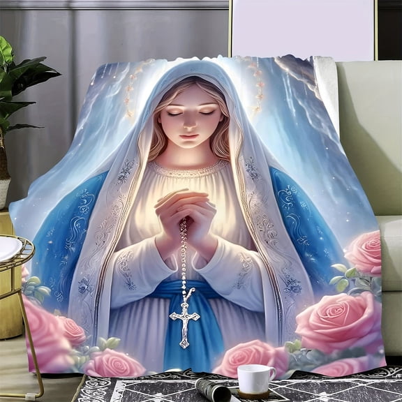 1PC Virgin Mary Prayer Design Flannel Throw Blanket Soft Quilted Bohemian Style All Season HD Digital Print Multipurpose Couch & Bed Wrap Ideal Gift