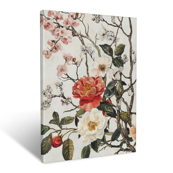 CozyNet Romantic Botanical Scene With Roses, Peonies & Delicate Flowering Branches Wall Art Prints With Frame Canvas Perfect for Living Room & Bedroom, Ready to Hang, Wall Decor 12"x16"in
