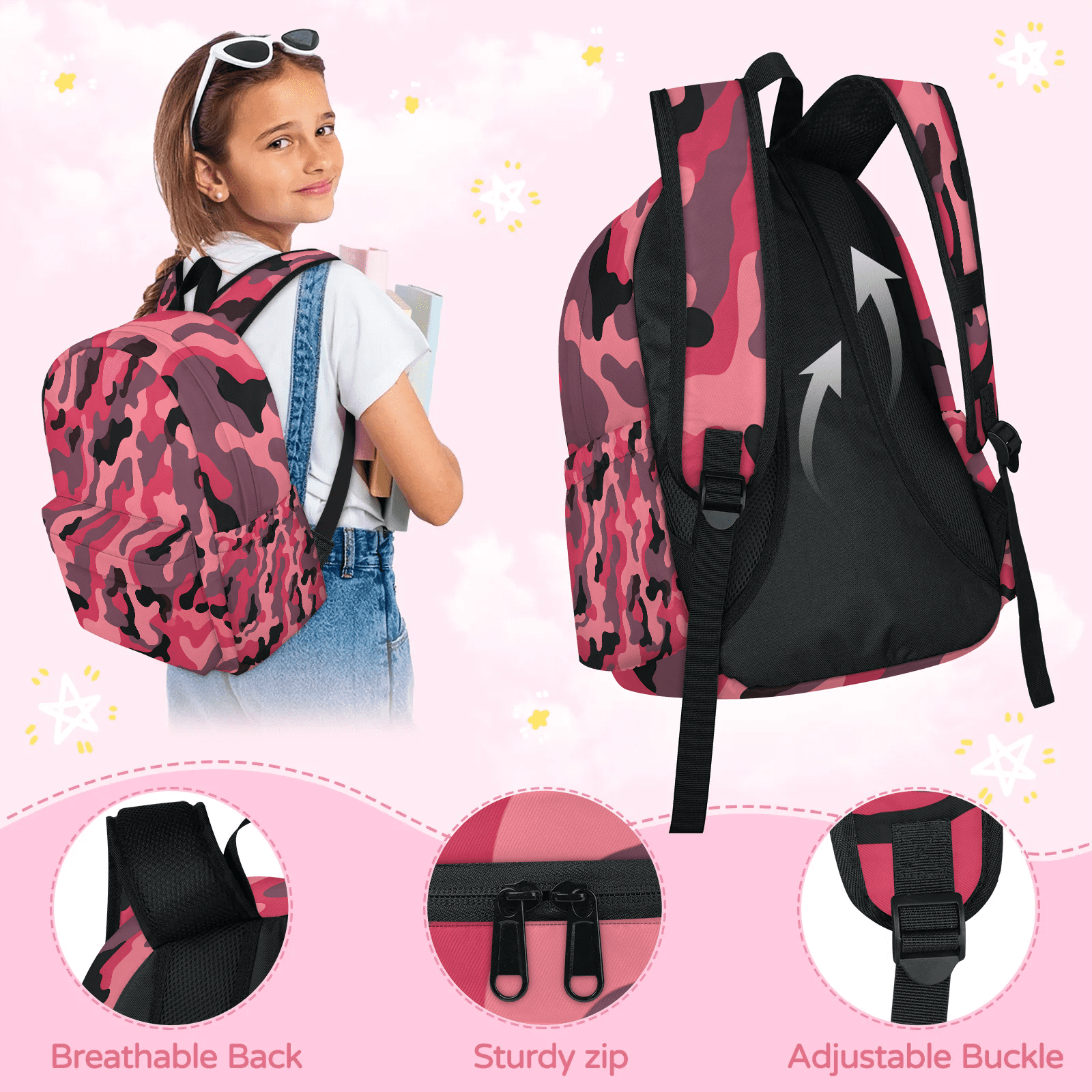 Herdesigns Pink Backpack for Men Women, Lightweight Laptop Backpack 16.3 Inch Camo Casual Daypack for Travel Work Commuter