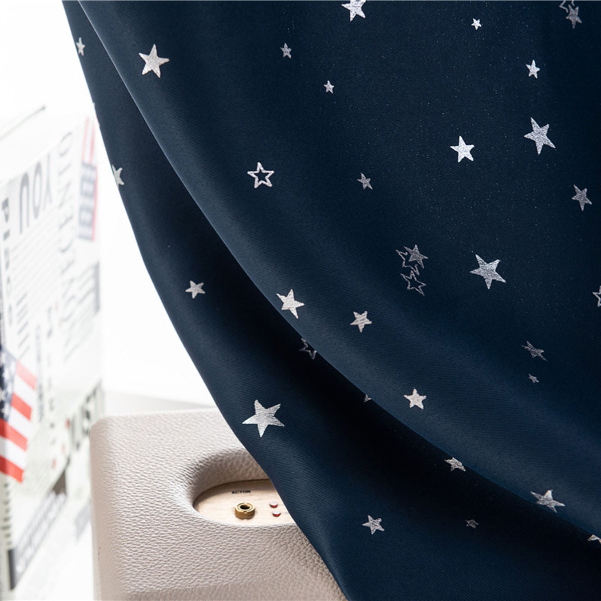 TABLZONE Dark Blue Blackout Curtain with Sliver Stars No Punching Required for Windows