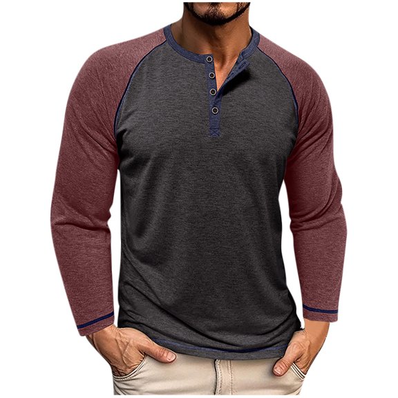 Mens Henley Shirts, Long Sleeve Shirts for Men Fall Fashion Color Patchwork Raglan Sleeve Button Up T-Shirts S-3XL