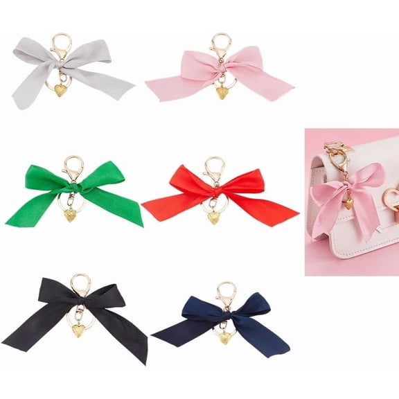6 Pcs Bowknot Pendant Keychains 6 Colors Polyester Butterfly Knot Charms with Clasp and Heart Locket Charms for Car Keys Handbag Decorations Bag Ornaments colorful DIY