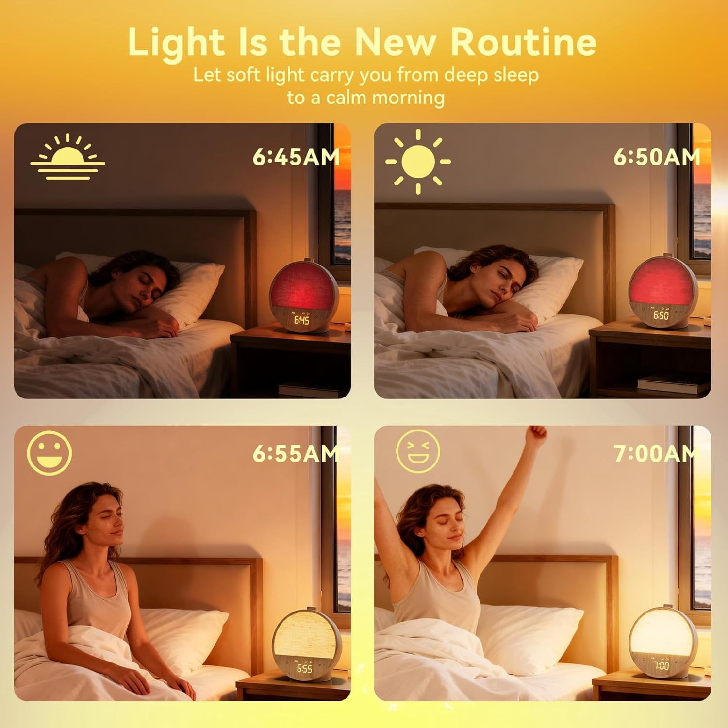 Wood Grain Sunrise Alarm Clock with Wake Up Light, White Noise Sound Machine, Dual Alarms for Heavy Sleepers, 10 Natural Sounds, RGB Mood Light, Dimmable Bedside Night Lamp for Bedroom