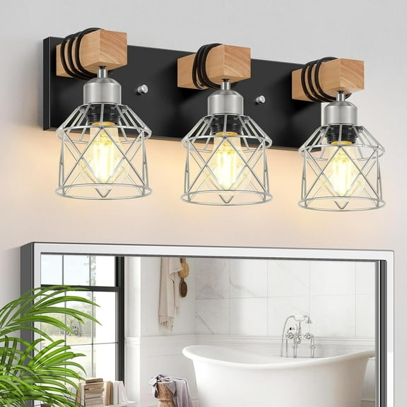 3-Light Wood Bathroom Light Fixtures Over Mirror, Rustic Black Silver Famhourse Sconces Wall Decor with Elegant Metal Lampshade for Living Room, Bedroom, Porch