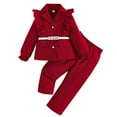 thumbnail image 3 of WRKEKC Girls Winter Outfits 2-8 Years Elegant Solid Color Long Sleeve Ruffle Blazer Belted Top and Pants Three Piece Warm Trendy Fall Outfit Set, 3 of 7